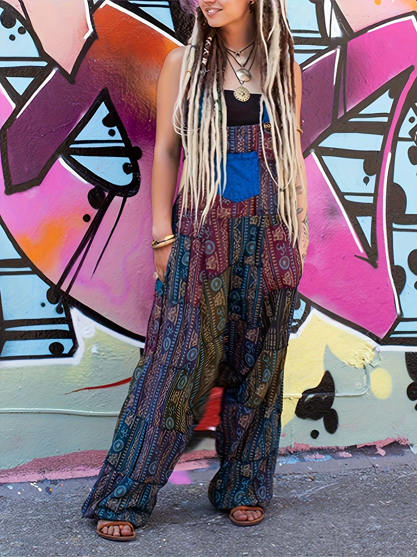 Mira - Farverig boho-patchwork-jumpsuit med brede ben