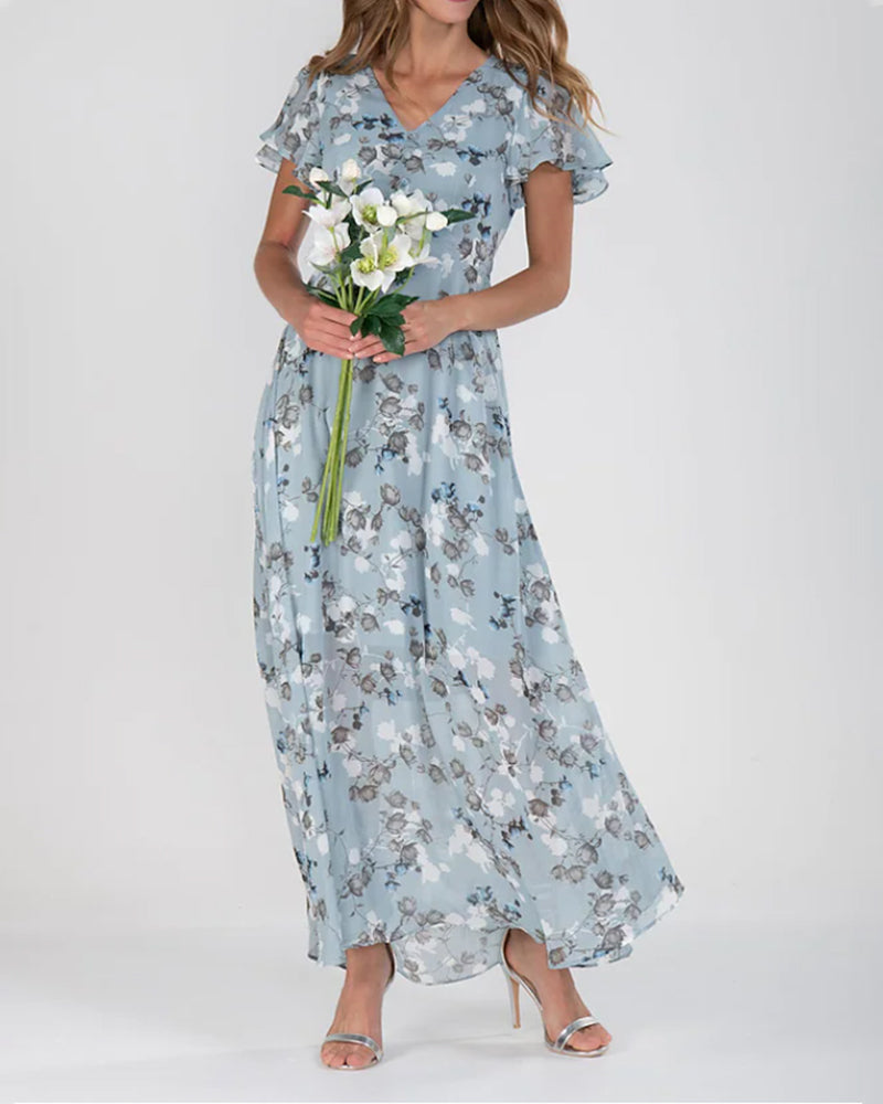 Luna's: Chiffon Maxikjole med Blomsterprint og V-hals