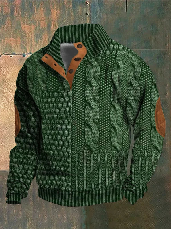 Morten herre striktrøje chunky med unikt mønster og tekstureret design, udstyret med høj krave og knapdetaljer, ideel til et varmt og stilfuldt look i køligt vejr.