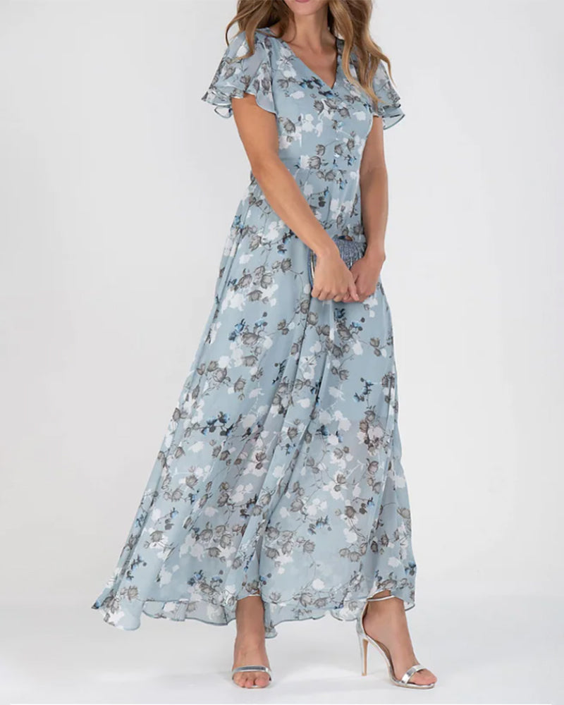 Luna's: Chiffon Maxikjole med Blomsterprint og V-hals
