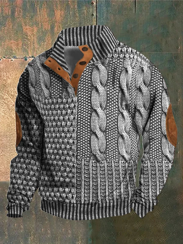 Morten herre striktrøje chunky med unikt mønster og tekstureret design, udstyret med høj krave og knapdetaljer, ideel til et varmt og stilfuldt look i køligt vejr.