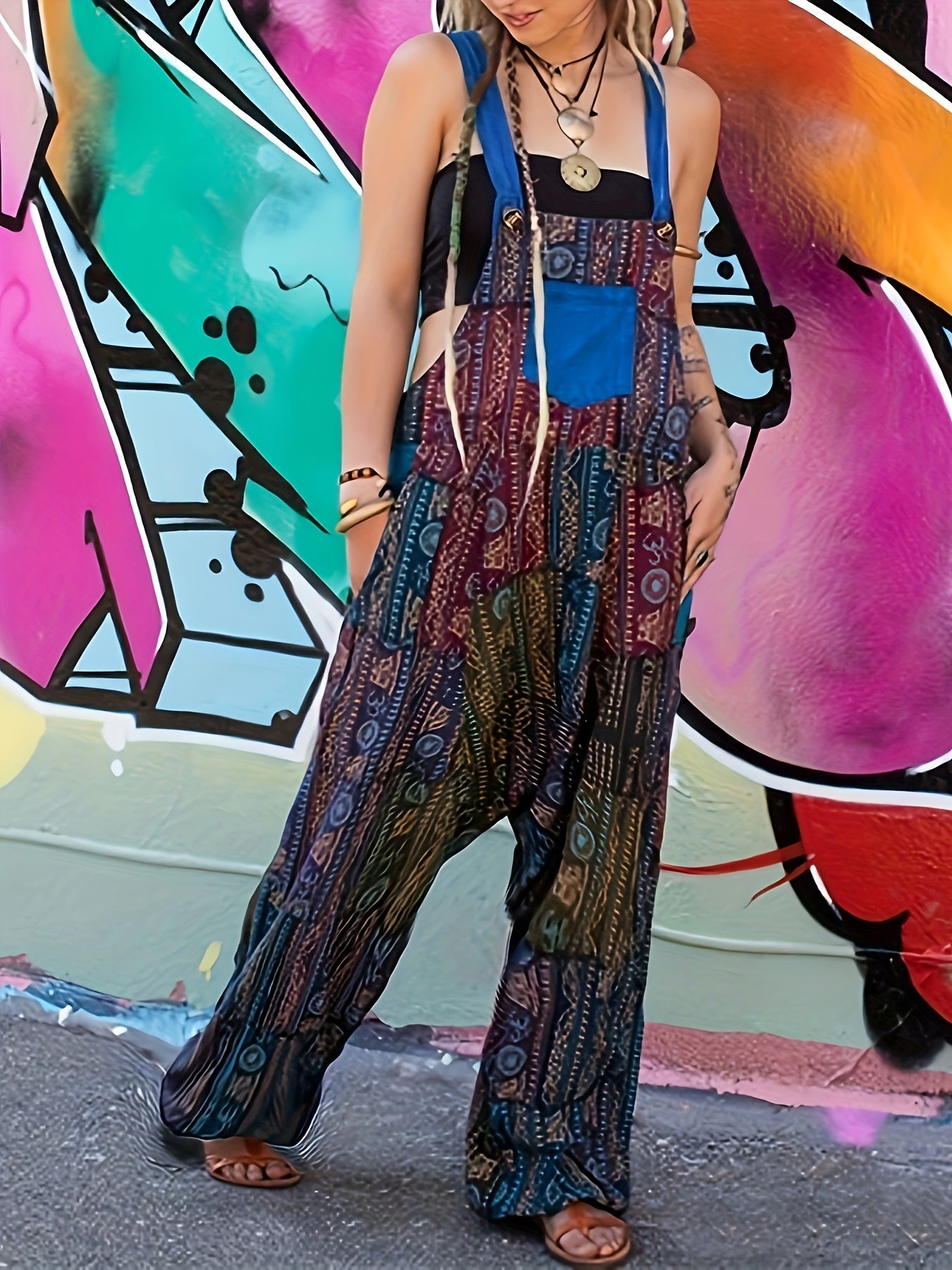 Mira - Farverig boho-patchwork-jumpsuit med brede ben