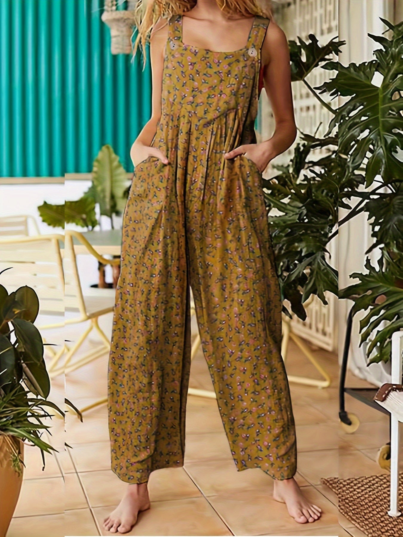 Luna - Løstskåret blomstret jumpsuit med vide ben