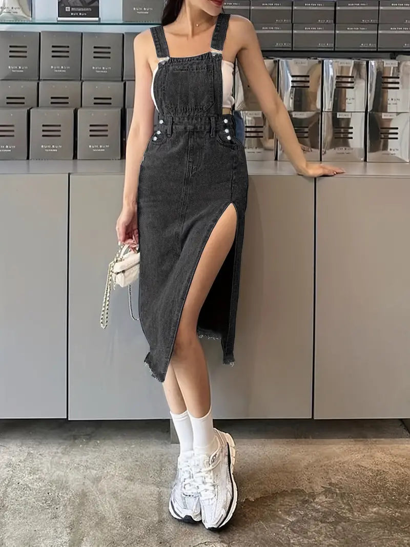 Sarah - Sort denim kjole i smækbukser