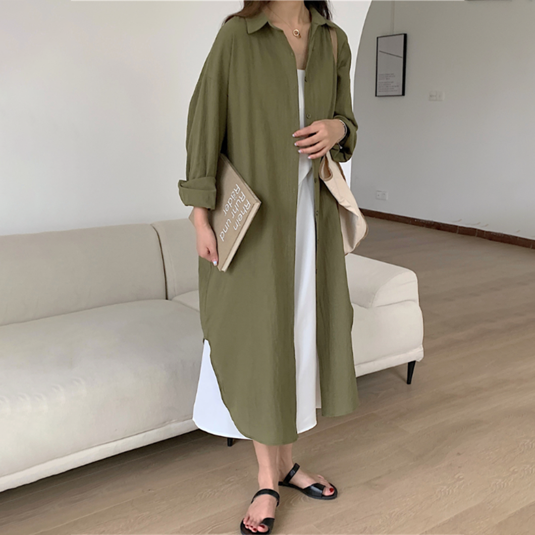 Feminin Elegance: Ava's Polyester Skjortekjole med Lange Ærmer