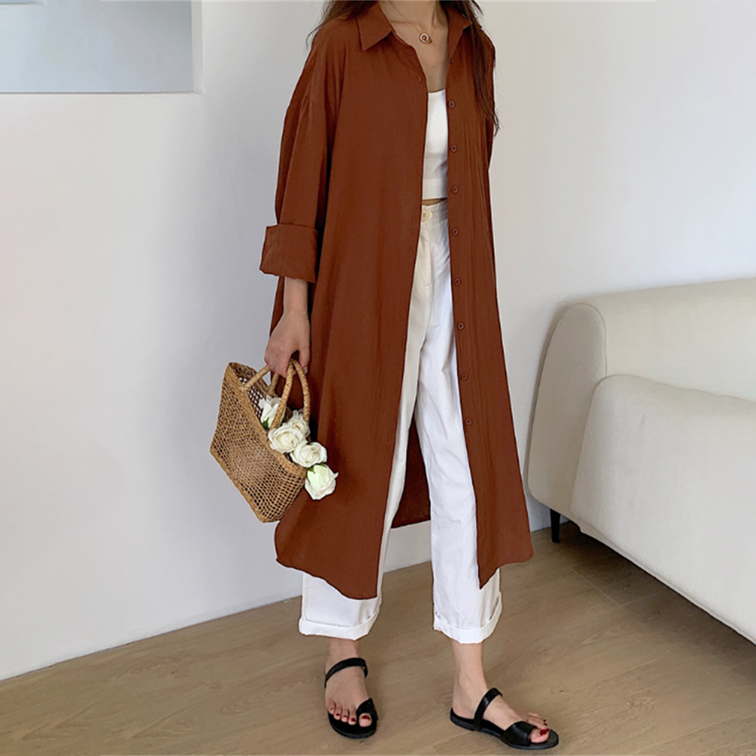 Feminin Elegance: Ava's Polyester Skjortekjole med Lange Ærmer