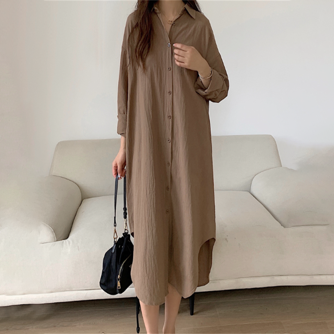 Feminin Elegance: Ava's Polyester Skjortekjole med Lange Ærmer