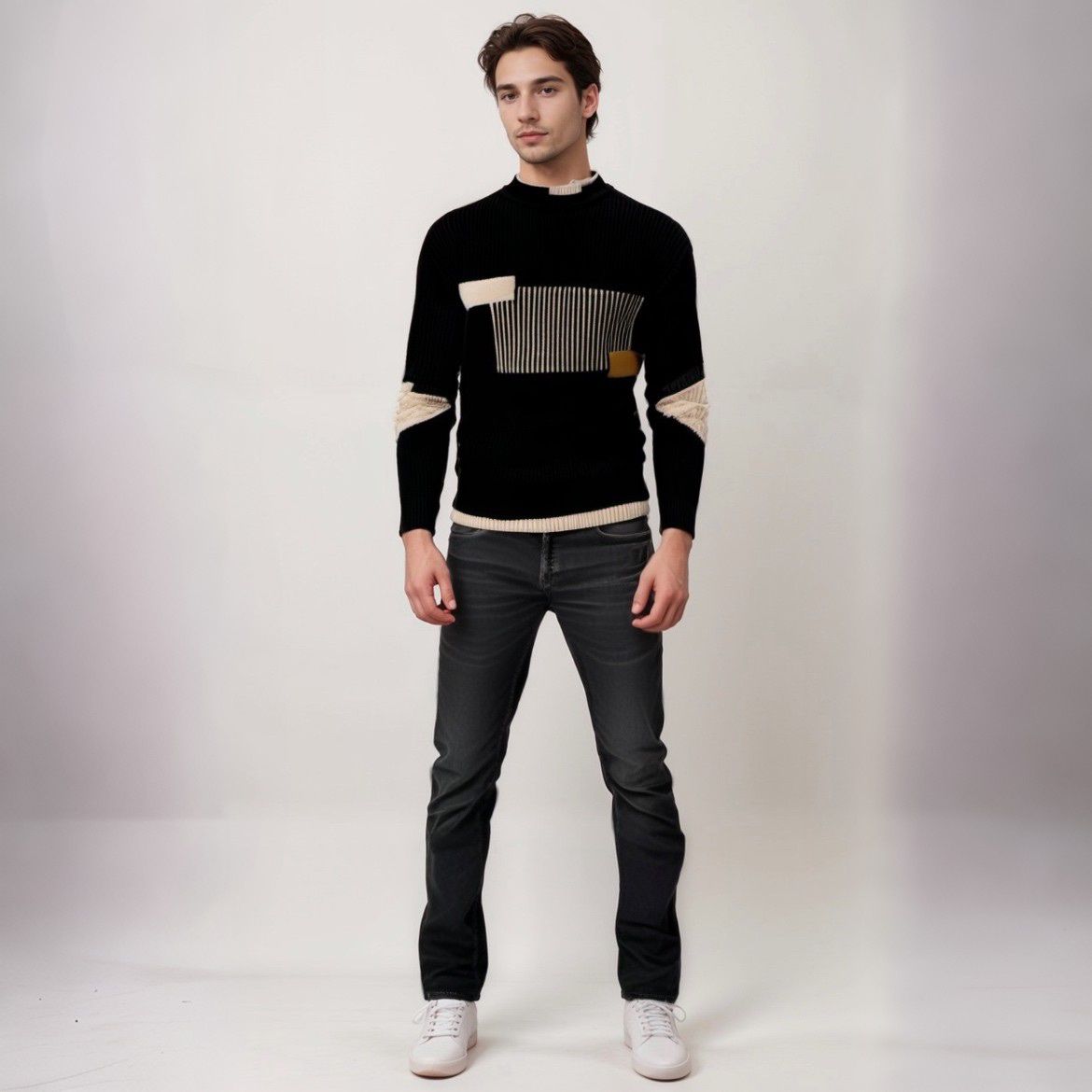 Milo | Mænds Strikket Geometrisk Trøje | Beige