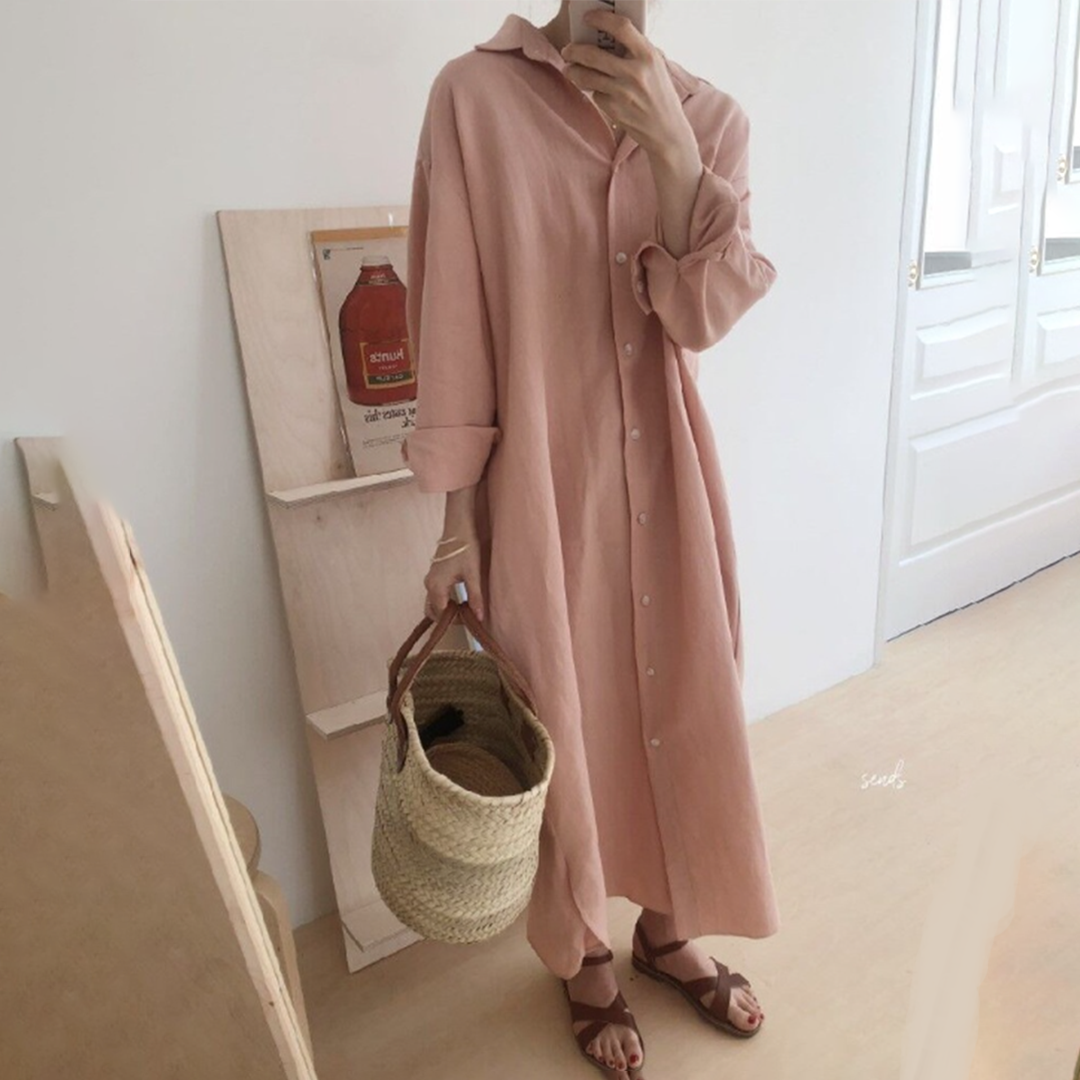 Feminin Elegance: Ava's Polyester Skjortekjole med Lange Ærmer