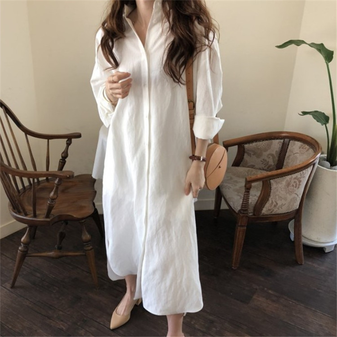 Feminin Elegance: Ava's Polyester Skjortekjole med Lange Ærmer