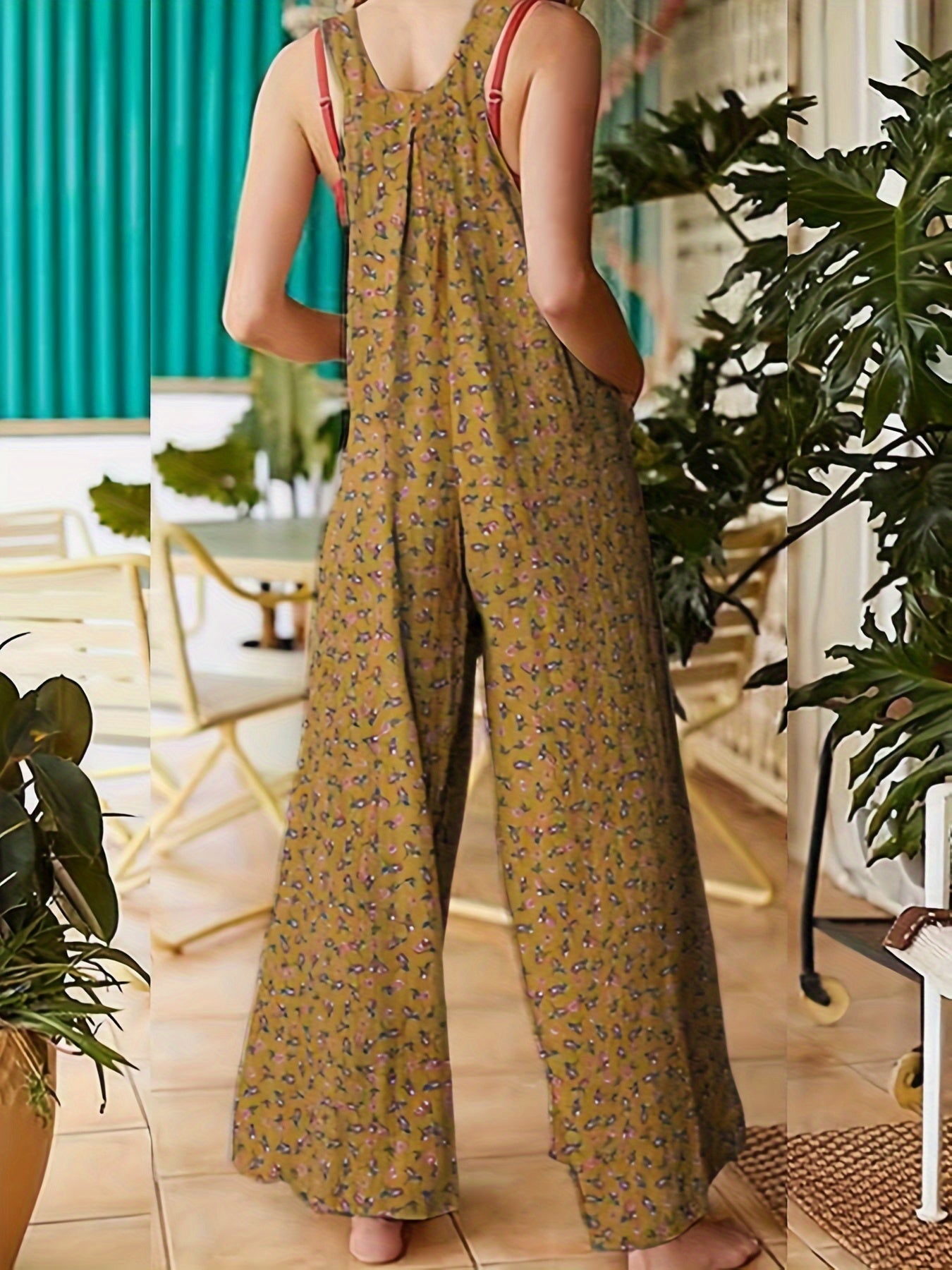 Luna - Løstskåret blomstret jumpsuit med vide ben