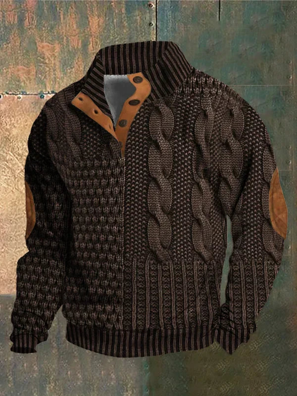 Morten herre striktrøje chunky med unikt mønster og tekstureret design, udstyret med høj krave og knapdetaljer, ideel til et varmt og stilfuldt look i køligt vejr.