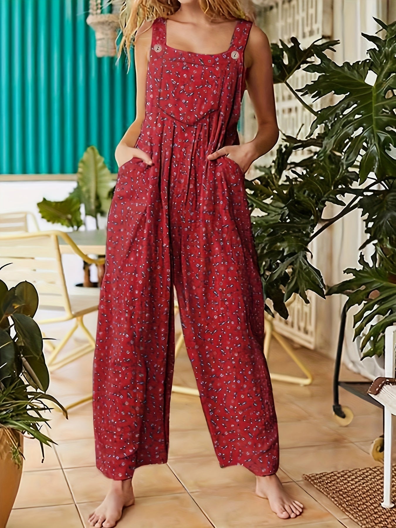 Luna - Løstskåret blomstret jumpsuit med vide ben