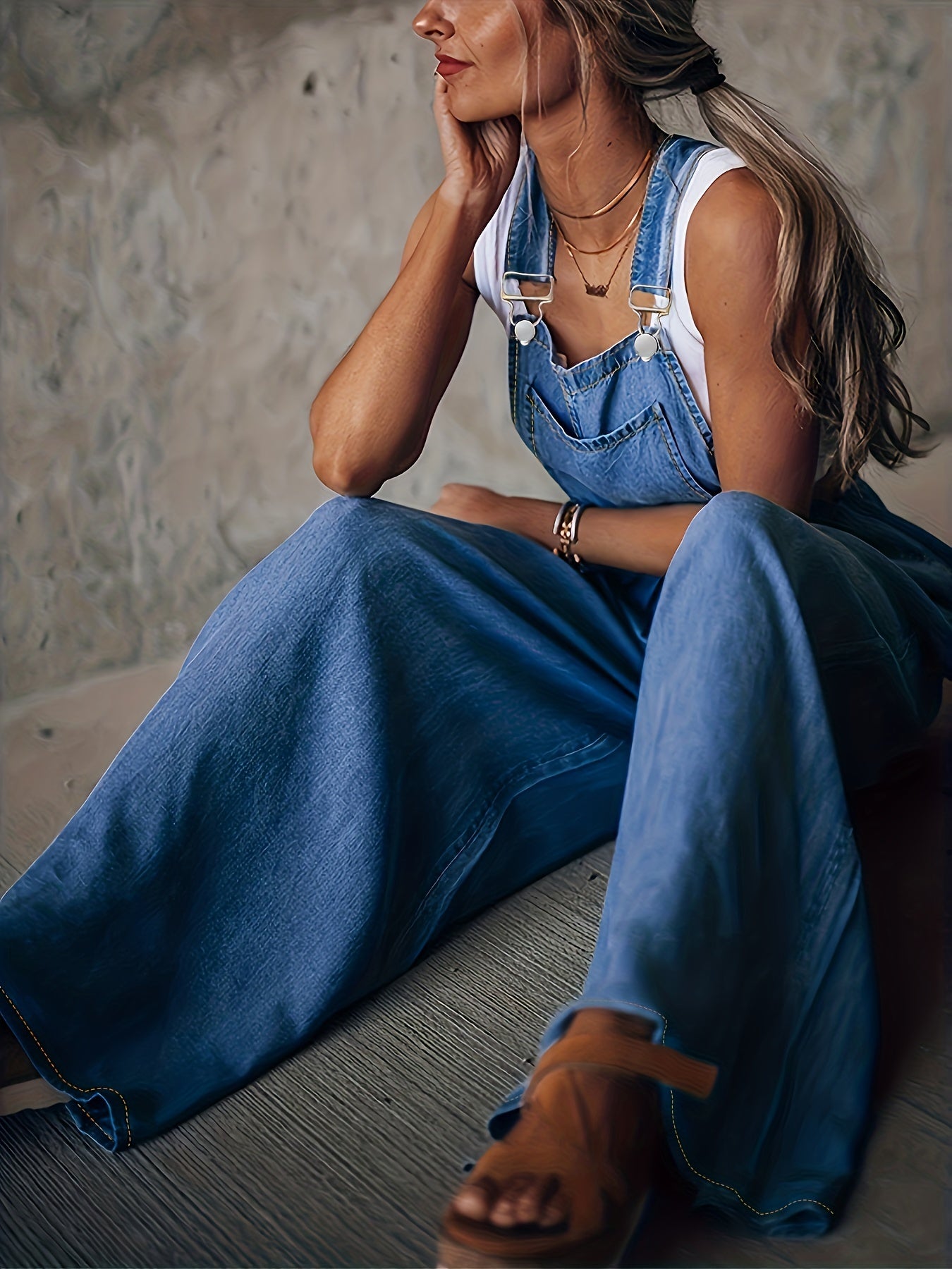 Mira - Løs denim-jumpsuit med justerbar skulderstrop
