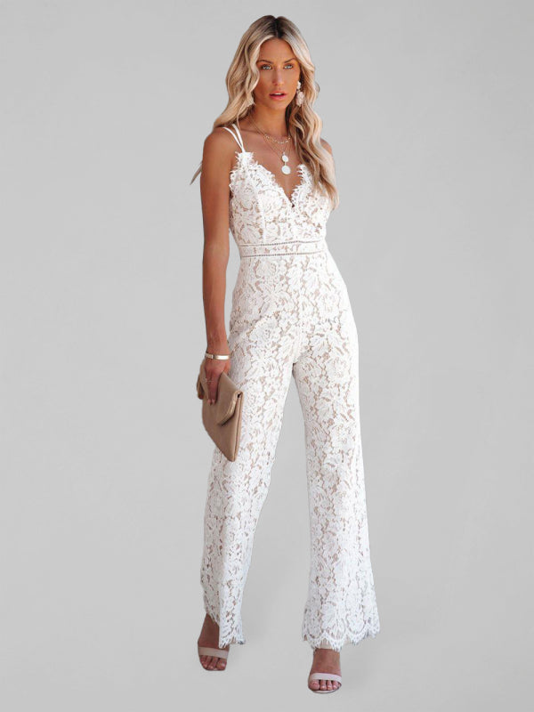 Grace - Ensfarvet blonde-jumpsuit med dyb V-udskæring