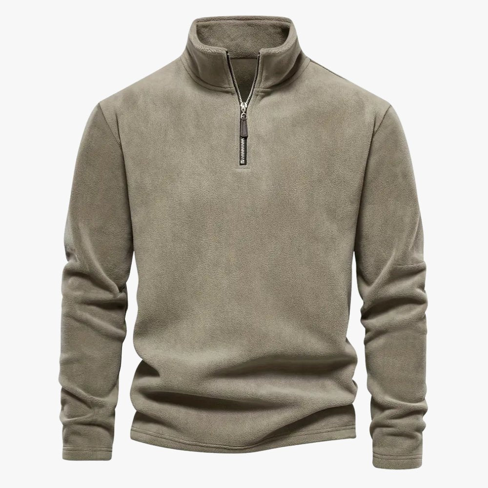 Minimalistisk fleece herretrøje med høj krave og lynlås.