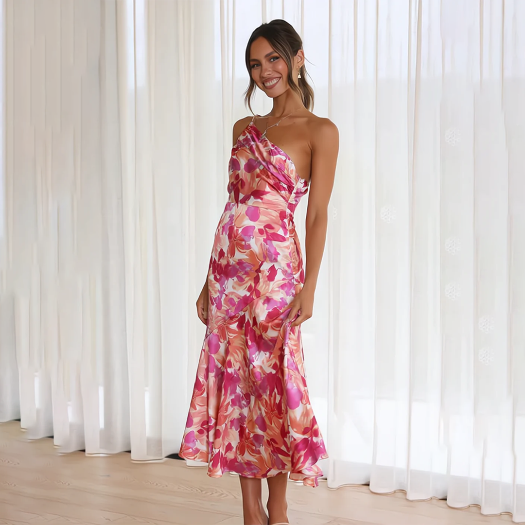 Elisa - Elegant midikjole med blomstermønster og enskulderstropper
