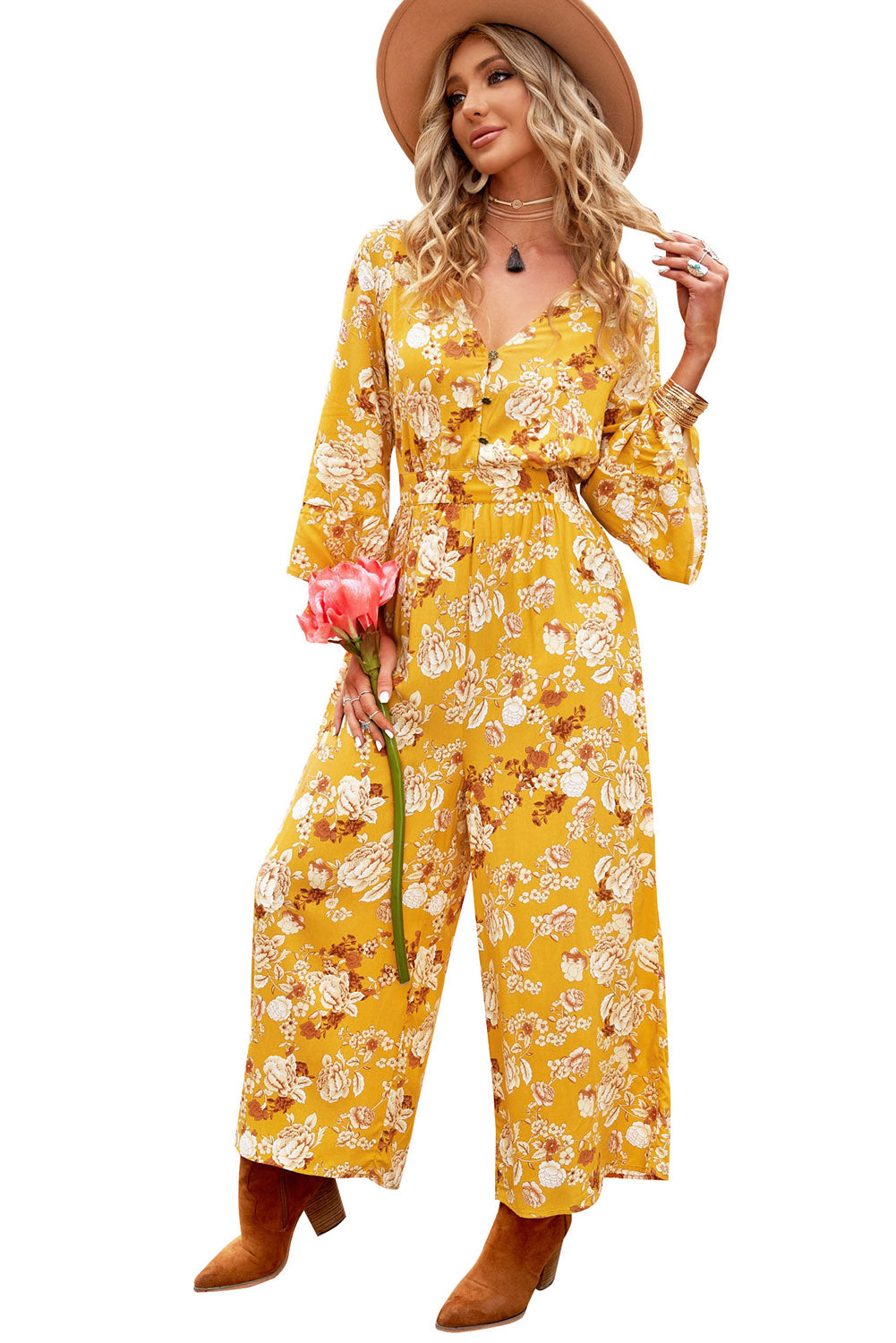Luna: Jumpsuit med blomstermønster og vide ærmer